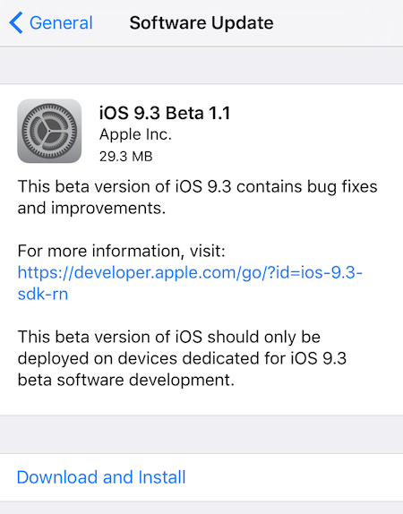 Apple выпустила iOS 9.3 beta 1.1 для разработчиков